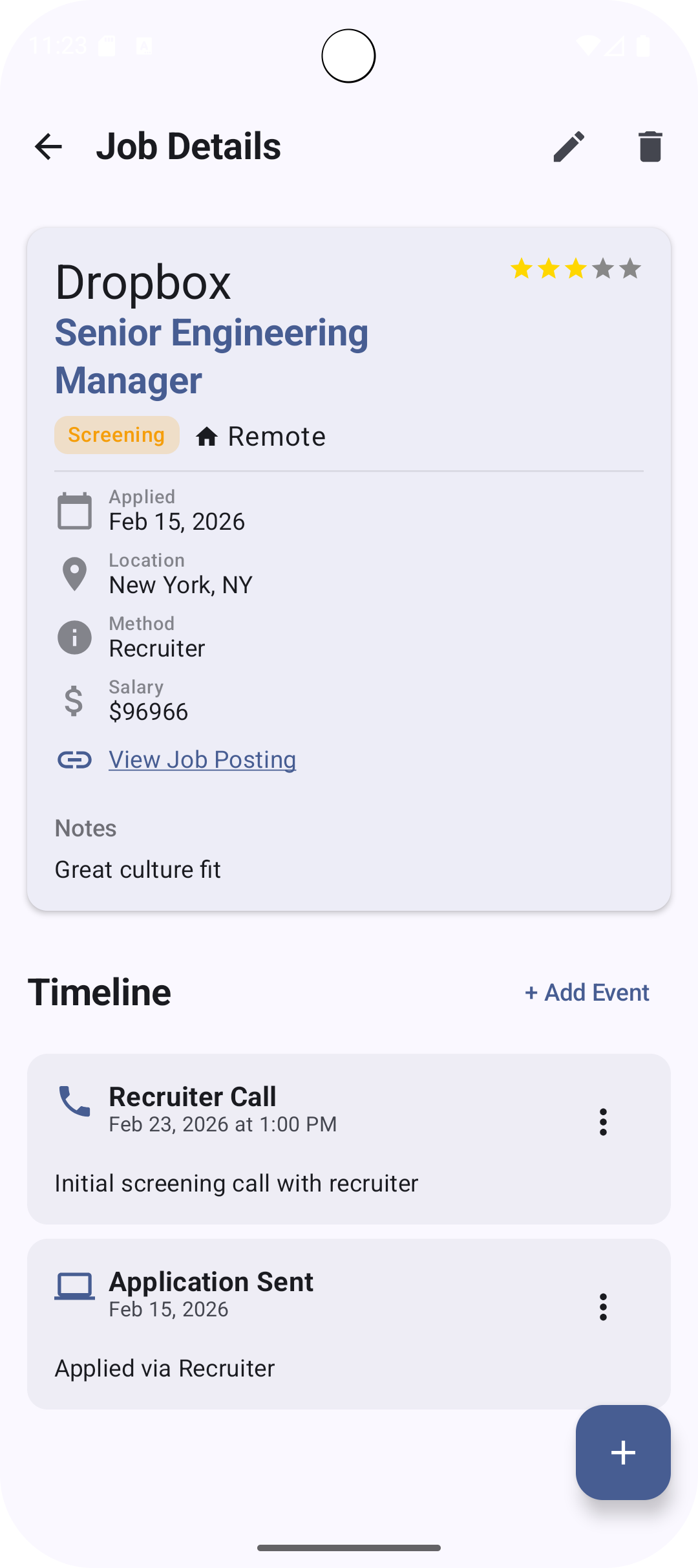 Job details and event timeline